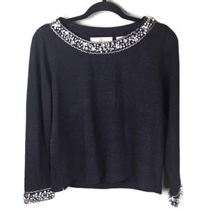 Design Options Rhinestone Pearl Bead Metallic Shimmer Knit Black Sweater Small